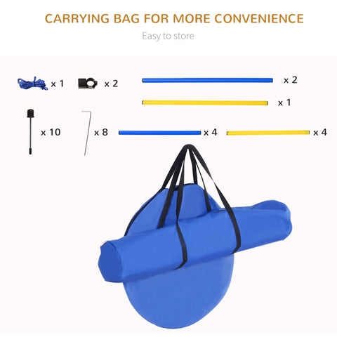4 Piece Dope Dog Agility Training Course Kit with blue and yellow components and carrying bag for backyard setup