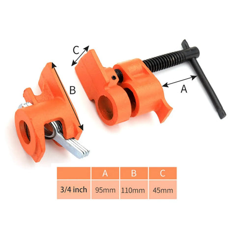 Heavy Duty Steel Pipe Clamp Set For Woodworking Hand Crank Adjustable Vise showing 0.75 inch steel parts with dimensions for gluing projects.