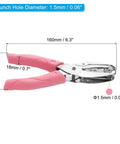 Pink 1/16 Inch Single Hole Punch Handy Handheld Paper Puncher With Soft Grip Ergonomic Design, shown with measurement details