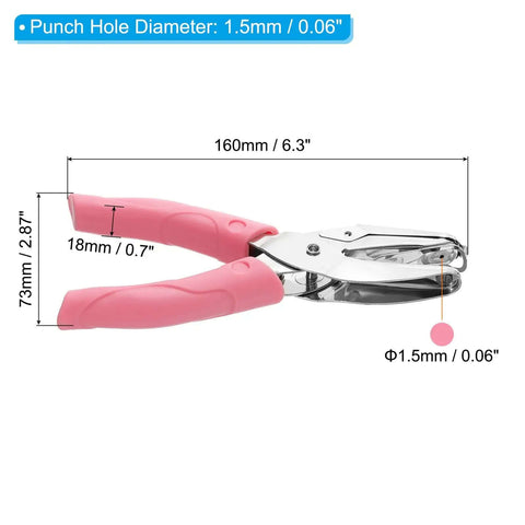 Pink 1/16 Inch Single Hole Punch Handy Handheld Paper Puncher With Soft Grip Ergonomic Design, shown with measurement details