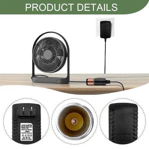 Rugged Ride Ready AC DC Converter Adapter plugs into wall outlet, powering a portable fan with a compact design.