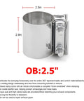 2.5 Inch Stainless Steel Exhaust Clamp Kit with detailed measurements and features.