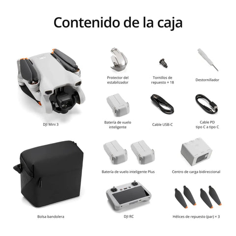 Box contents showing Mini 3 Fly More Combo Plus With RC Included Foldable Camera Drone For 4K HDR Video Portrait Shooting accessories