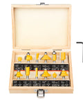 Pro-Grade 1/4 Inch Shank Router Bits Set, 12 Pieces Tungsten Carbide in wooden case, hex key included
