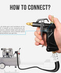 Pro Grade Air Blow Gun Set With Brass Adjustable Nozzle in hand, connected to air compressor, showing setup for use