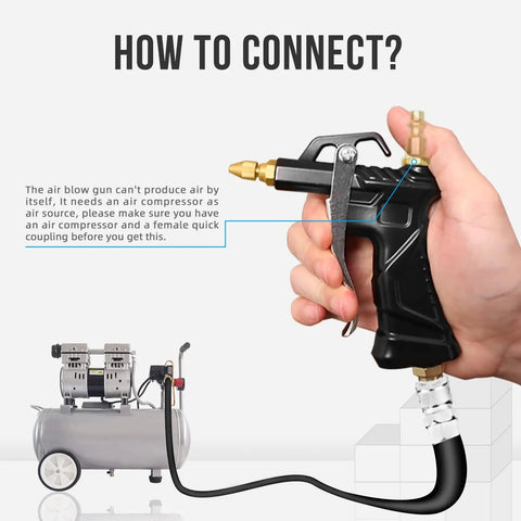 Pro Grade Air Blow Gun Set With Brass Adjustable Nozzle in hand, connected to air compressor, showing setup for use