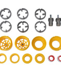 Heavy Duty Pvc Pipe Threader Kit With Electric Drill Opener For Double-Ended 4 And 6 Point Pipes, includes yellow and metal parts.