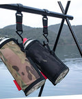 Outdoor Camping Hooks 5 Pack Small S Shaped Utility Hangers With Straps holding camo and black bottles on a metal rod by lake