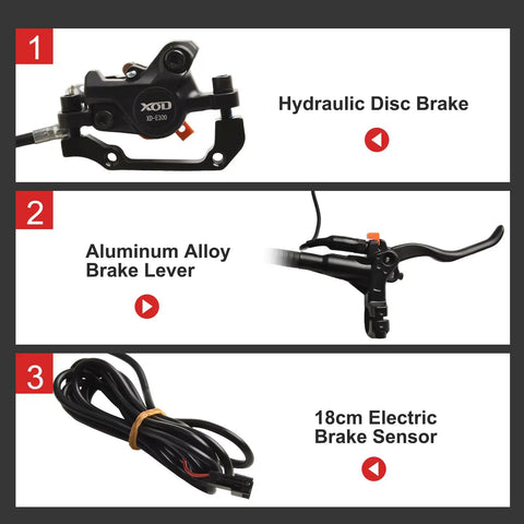 Hydraulic Disc Brake Set For E-Bikes with aluminum brake lever and 18cm electric brake sensor.