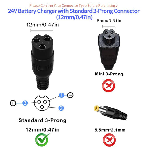 24V Electric Scooter Charger For Razor E100 E125 E150 E175 E200 E300 And More showing standard and mini 3-prong connectors.