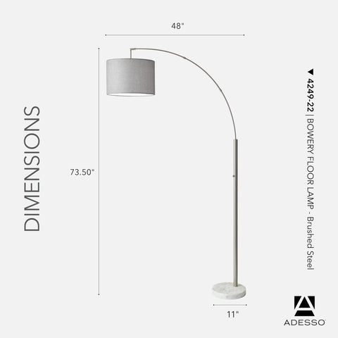 Sleek Arc Floor Lamp With Marble Base And Grey Linen Shade, Brushed Steel Stem, Contemporary Industrial Style, 48 Inch Reach