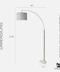 Arc Floor Lamp With Marble Base And Off White Linen Shade, Adjustable Overhead Lighting For Bedroom, Home Office Or Living Room, 73.5 Inch Height And 48 Inch Reach, Sleek Modern Brass And Marble Decor, side view with dimensions.