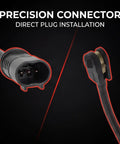Powkos rear brake pad wear sensor connector; six-pin circular plug and sensor end, side and front views