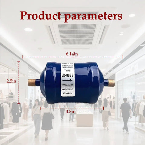 Heavy Duty 3/8 Liquid Line Filter Dryer Steel Sweat Flow Refrigerant Drier For Heat Pumps And Ac Systems R22 R134a Compatible, blue finish, 6.14in x 2.5in x 3.8in size.