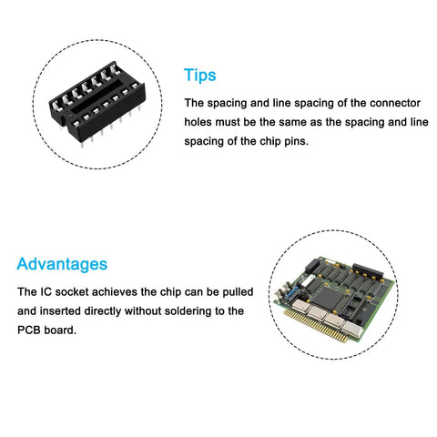 DIP IC Socket Adapters Set 2.54mm Pitch 2 Row With 14 And 16 Flat Pins For Soldering On PCBs shown with usage tips and advantages