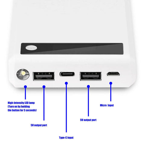 Rugged Six Slot Battery Enclosure With Real Time Digital Display For Portable Road Trips And Campouts Plug And Play Usb Charger Case showing USB ports and LED lamp.