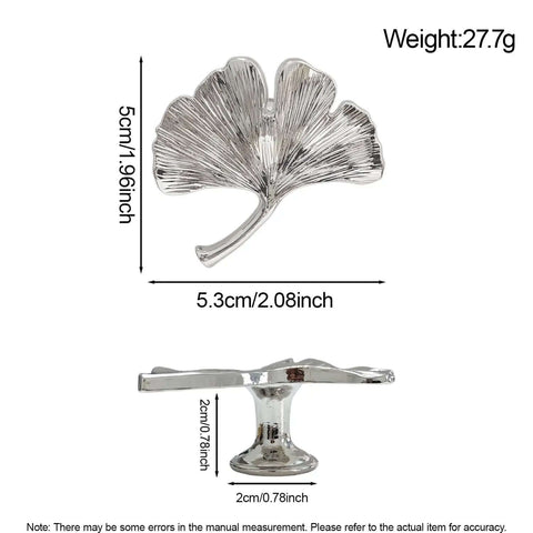 Ginkgo Leaf Cabinet Knobs Set Of Four Silver For Kitchen Cabinets Dresser Drawers And Bathroom Vanities And Drawer Fronts Dope Modern Rustic Decorative Hardware, showing size details and side view.