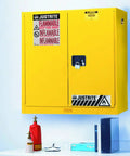 Rock Solid Yellow Wall Mount Flammable Safety Cabinet With Two Manual Close Doors And Three Shelves Keeping Your Workshop Safer In A Heavy Duty 20 Gallon 18 Gauge Cr Steel Frame That Handles Hazardous Storage Straight Up Without Any Hassle At All.