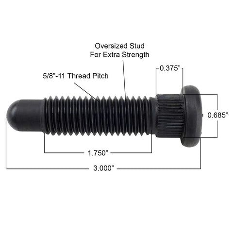 Beefed Up Oversized Wheel Studs With Coarse Threads And Short Knurls Super Tough 5/8 Inch Replacement Hardware For Hot Rods And Work Trucks Set Of Five, showing dimensions and details.