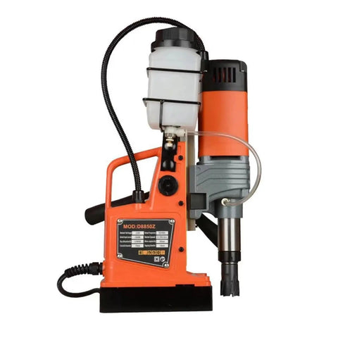 Heavy Duty Mag Drill Kit For Steel Plate Metal Fabrication featuring orange and gray magnetic drill press with annular cutter.