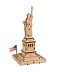 Statue Of Liberty 3D Puzzle Kit, 46 Piece Wooden DIY Model Stands 5.7 Inches, Easy Build No Glue Needed, World Cities Collection, Great Gift For Puzzle Buffs And History Lovers. Wooden Statue of Liberty model with US flag on base