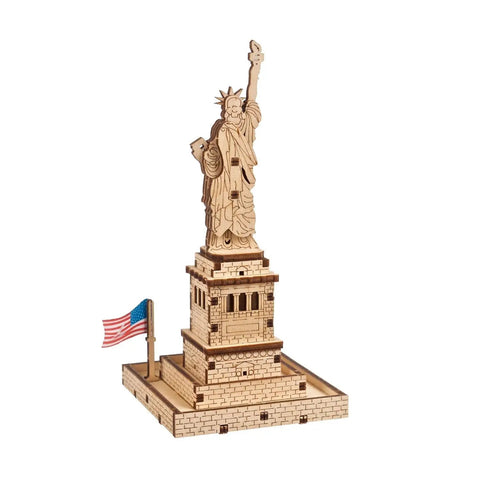 Statue Of Liberty 3D Puzzle Kit, 46 Piece Wooden DIY Model Stands 5.7 Inches, Easy Build No Glue Needed, World Cities Collection, Great Gift For Puzzle Buffs And History Lovers. Wooden Statue of Liberty model with US flag on base