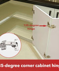 Four Pack 135 Degree Lazy Susan Cabinet Hinges With Adjustable Silent Operation For Kitchen Corner Cabinets And Folding Doors Rust Resistant Nickel Plated Steel Hinges installed in a kitchen cabinet.