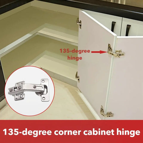 Four Pack 135 Degree Lazy Susan Cabinet Hinges With Adjustable Silent Operation For Kitchen Corner Cabinets And Folding Doors Rust Resistant Nickel Plated Steel Hinges installed in a kitchen cabinet.