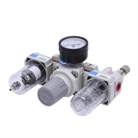 All-In-One Three-Unit Air Preparation System With Manual Drain Filter, Pressure Reducing Valve, And Lubricator For Industrial Air Lines AC2000/AC3000 Model AC4000-03D on white background