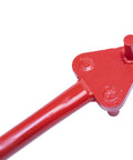 Close-up of the Marshalltown Qlt Manual Rebar Bender's red handle and bending head, designed for rebar up to five eighths inches thick.