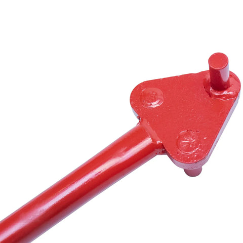 Close-up of the Marshalltown Qlt Manual Rebar Bender's red handle and bending head, designed for rebar up to five eighths inches thick.