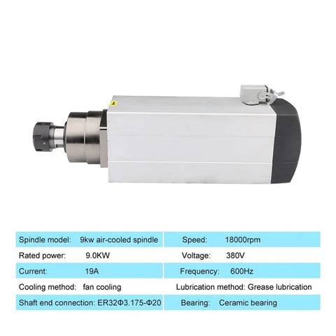 High Performance CNC Milling Spindle Motor 9.0KW Air Cooled ER32 Chuck 18000 RPM with fan cooling features.