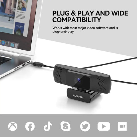 Straight Up Crisp 1080P Full HD Webcam With Dual Echo Busting Mics And 90 Degree Wide Angle View Plug And Play USB Camera connected to laptop.