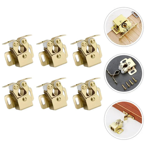 Six Pack Heavy Duty Metal Double Ball Roller Catch For Cabinet And Wardrobe Door, Easy Install Kitchen Latches showing gold latches.