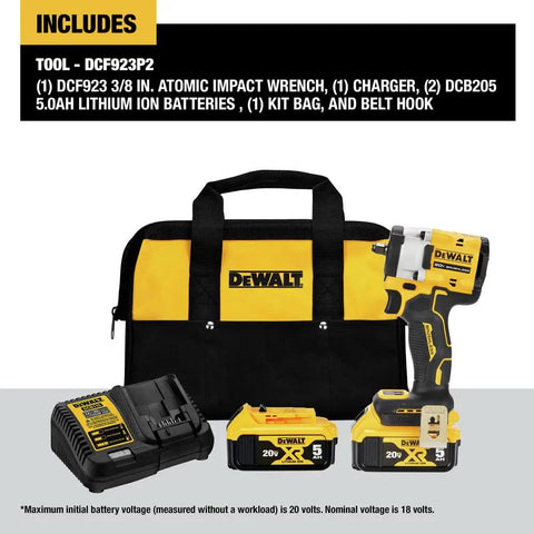 20V Max Compact Impact Wrench Kit With 3/8 Inch Drive And Brushless Motor For Legit Power and Quick Socket Swaps including charger, batteries, kit bag.