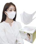 KF-AD 3 Layer Disposable Face Mask Pack Of 50, White, Made In Korea, Comfortable Breathing displayed by a model and box