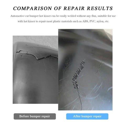 Comparison of cracked bumper before and after using Hot Staples Welding Rods 500 Pcs Set 0.6mm 0.8mm Wave Shape For Plastic Repair.