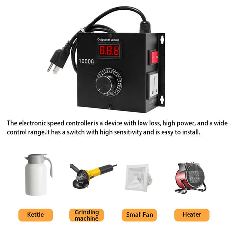 Heavy Duty AC Variable Speed Controller For Tools And Appliances, showing 1000W output and control knob, use with kettle, fan, heater