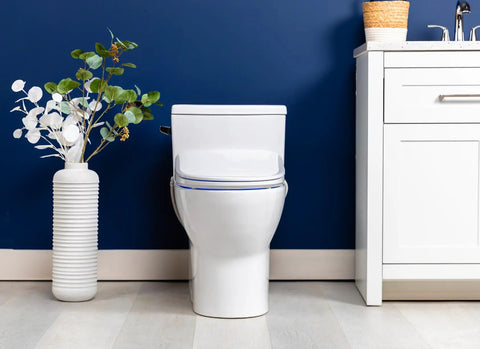 Top Shelf Elongated Bidet Toilet Seat Crisp White in modern bathroom setting with decor and cabinetry.