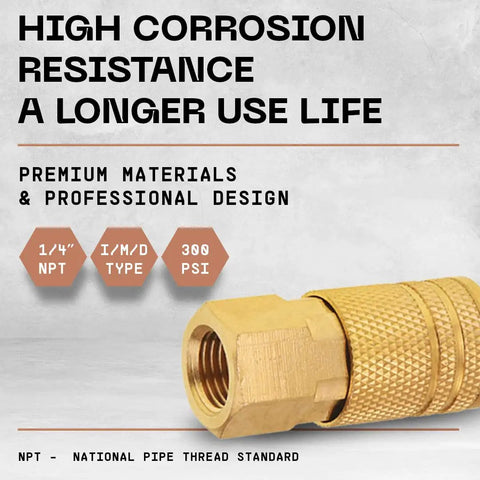 Female Air Coupler Set One Quarter Inch NPT Quick Connect Plug Kit Ten Pack Brass Finish Durable Iron Core With Brass Exterior 