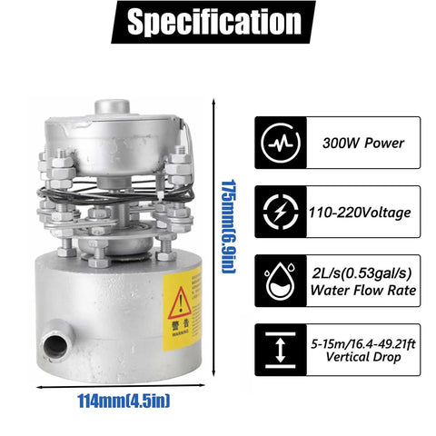 Side view of 300W portable hydro turbine with 50mm spigot, showing specifications for output voltage and water flow rate.