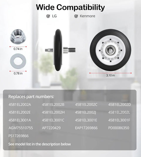 4 Pack Ball Bearing Dryer Drum Roller Kit Replacement For LG And Kenmore Upgraded Quiet Rollers dimensions and part numbers shown