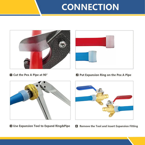 Cutting PEX A pipe and installing expansion ring on 100 Pack Half Inch PEX A Expansion Ball Valve With Drop Ear Full Port Shut Off Built Tough Brass Plumbing Fixture For Red Hot And Blue Cold Water Lines Quick Connect Trade Setup.