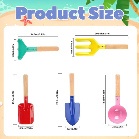 Five Piece Kids Garden Set With Metal Handle Tools For Ages 3 To 8 showing spoon, fork, rake, flat shovel, and pointed shovel with sizes