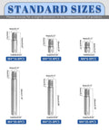 48 Piece M4 Slotted Cylindrical Pin Kit With Stainless Steel Dowel Pins In 6, 10, 16, 20, 25, 30mm Lengths Built Tough For Furniture, Woodworking, And Machinery Projects External Thread Locating Pins Included showing standard sizes diagram.