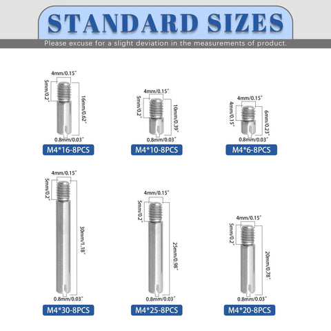 48 Piece M4 Slotted Cylindrical Pin Kit With Stainless Steel Dowel Pins In 6, 10, 16, 20, 25, 30mm Lengths Built Tough For Furniture, Woodworking, And Machinery Projects External Thread Locating Pins Included showing standard sizes diagram.