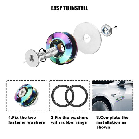 Installation diagram of Dope Quick Release Bumper Kit For Cars with colorful aluminum fasteners and stainless steel screws.