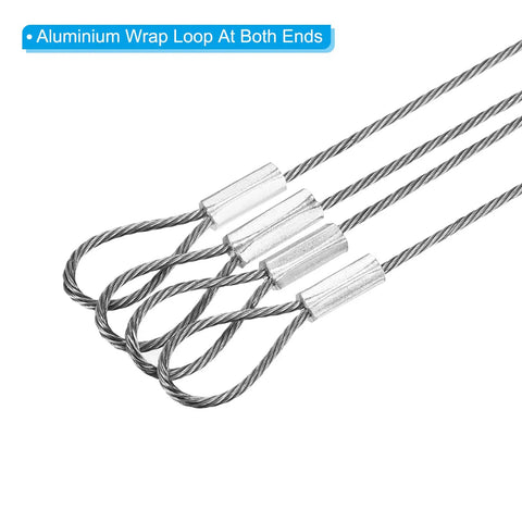 8 Inch Stainless Steel Safety Cable Wire Set 6 Pack Heavy Duty Stage Lighting Rope With Double Loop For DJ Gear And Luggage Security Rust Resistant 20cm By 1mm 77lbs Max Load with aluminum wrap loop at both ends.