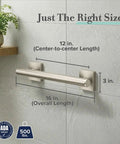 Diagram detailing dimensions of a 12 inch ADA compliant satin nickel shower grab bar on tiled wall