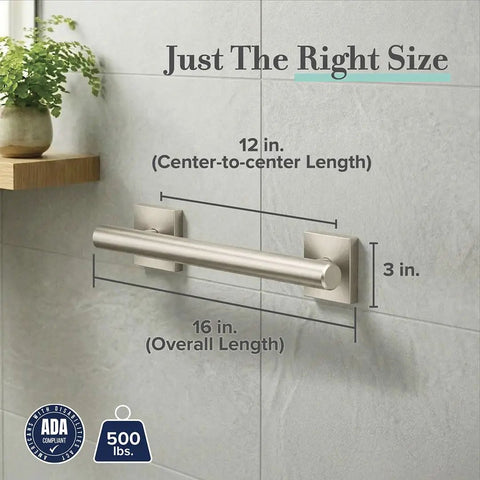 Diagram detailing dimensions of a 12 inch ADA compliant satin nickel shower grab bar on tiled wall